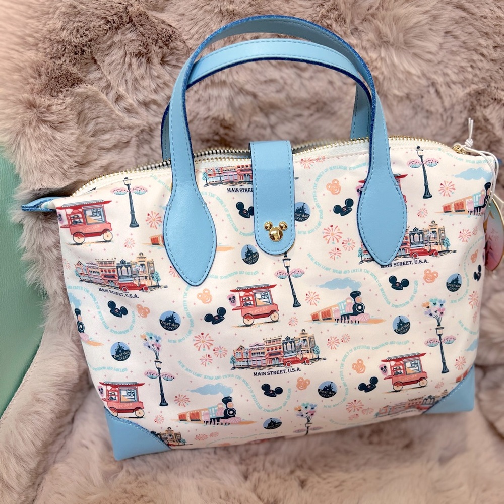 Stoney Clover Lane Main Street Print Crossbody Bag in Light Blue and Cream